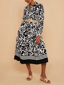 Travachic Bloemenprint Lange Mouw Voorkant Zak Shirt Jurk Voor Vrouwen, Midi Lengte