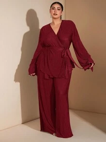 SHEIN BAE Plus Size Women Elegant Going Out Outfits For Daily Dates, Parties, Gatherings - Fitted Long Sleeve Shirt, High Waisted Wrap Pants, Fall Autumn Ensemble - Burgundy - View 4