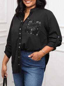 SHEIN LUNE Camisa de manga larga con contraste de lentejuelas, ideal para fiesta, nuevo atuendo de Año Nuevo para mujer de talla grande