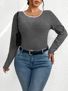 Calvaya Plus Size Elastic Dual Colored Stripe Spliced Design Bodysuit, Slim Fit Versatile Long Sleeve Backless Bodysuit