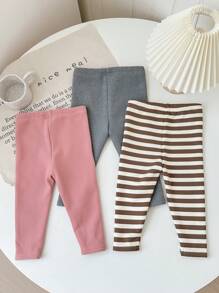 3 Piece Set Girls Knit Solid Stripe Form-Fitting Casual Leggings - Multicolor - View 2