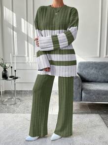 EURMUSE 2 pièces Ensemble tricoté femme, Top à manches longues à imprimé côtelé et pantalon unicolore - Multicolore - Voir 3