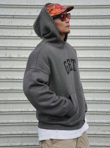 DAZY 男士字母印花口袋长袖休闲套头连帽衫，秋季服装 - 黑色 - 查看 7