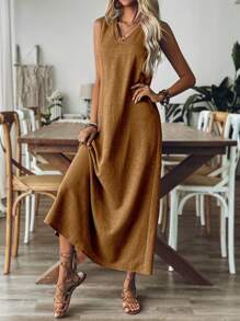 Breezaya Vestido casual de unicolor sin mangas, elegante para uso diario, vestido largo para mujer - Marrón - Ver 6
