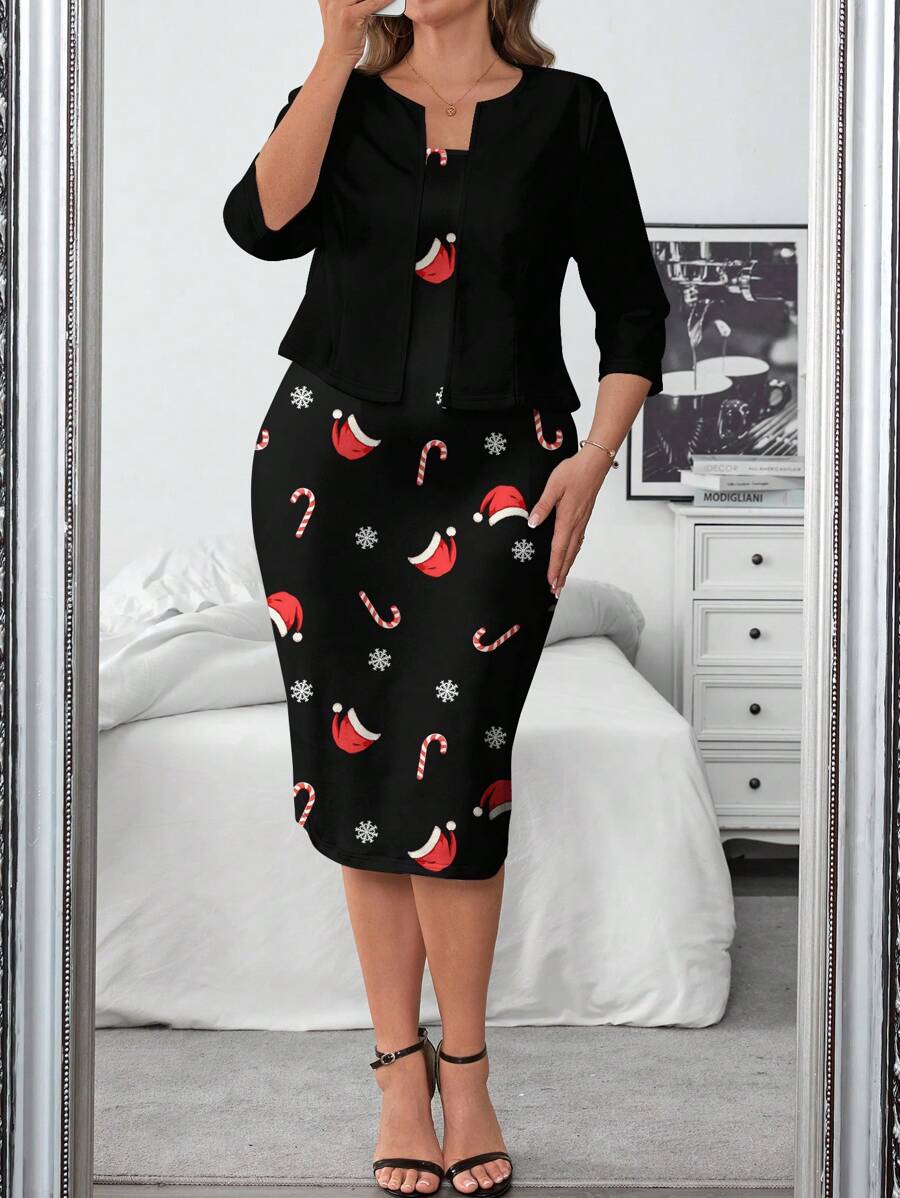 SHEIN Clasi 2 件套：休闲纯色夹克和圣诞印花连衣裙，适合秋冬季 - 彩色 - 查看 1