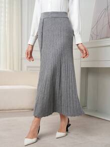 Modelyn Women Plain Color Button Decor Simple Casual Sweater Skirt - Grey - View 1