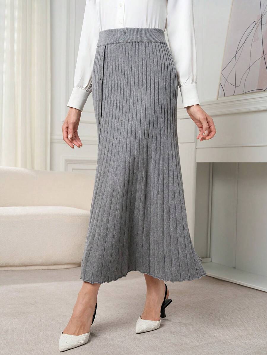 Modelyn Women Plain Color Button Decor Simple Casual Sweater Skirt - Grey - View 1