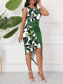SHEIN Lady 植物印花拼布扭纹紧身节日连衣裙 - 綠色 - 查看 3