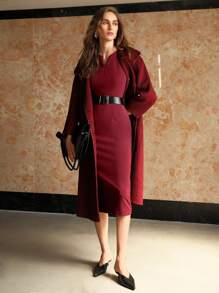 MOTF PREMIUM 缺口领口开衩下摆连衣裙 - 酒紅色 - 查看 4