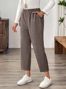 EMERY ROSE 女士编织纹理纽扣装饰口袋 7/8 裤，休闲优雅 - 棕色 - 查看 3