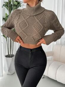 Chiquease Women's Solid Color High Neck Raglan Sleeve Cropped Casual Sweater, Autumn/Winter Knit Pullover Fall - Mocha Brown - View 7