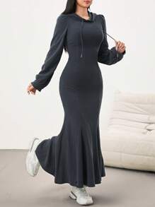 Mulvari 女士纯色长袖休闲连帽长连衣裙 - 深灰色 - 查看 3