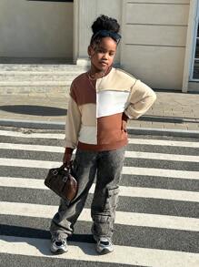 SHEIN Tween-Mädchen Lässiger Pullover mit Rundhalsausschnitt und Farbblockdesign. Lockeres Langarm-Sweatshirt
