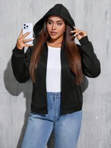 SHEIN Essnce Plus Size Casual Solid Color Zip Up Sweatshirt, For Autumn/Winter - Black - View 5