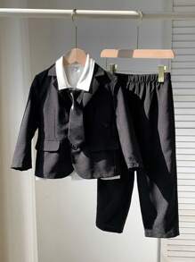 SHEIN Leap Crew Young Boy Solid Color Lapel Neck Single-Breasted Long Sleeve Jacket & Pants Casual Gentleman Suit Set, Autumn - Black - View 2
