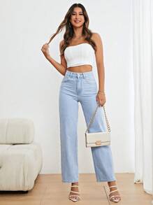 Jeans mit geradem Beinschnitt, hoher Taille, - Helle Waschung - Übersicht 6