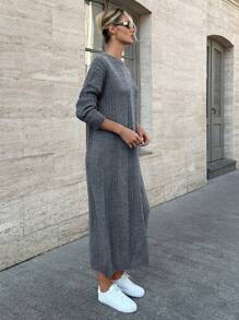 EURMUSE Crew Neck Cable Knit Long Sleeve Sweater Dress