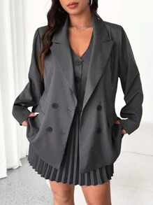 Flirla Plus Size Women 3-Piece Set: Long Sleeve Vest With Lapel Collar, V-Neck, And Pleated Skirt, Business Commuter, Dark Gray - Dark Grey - View 8