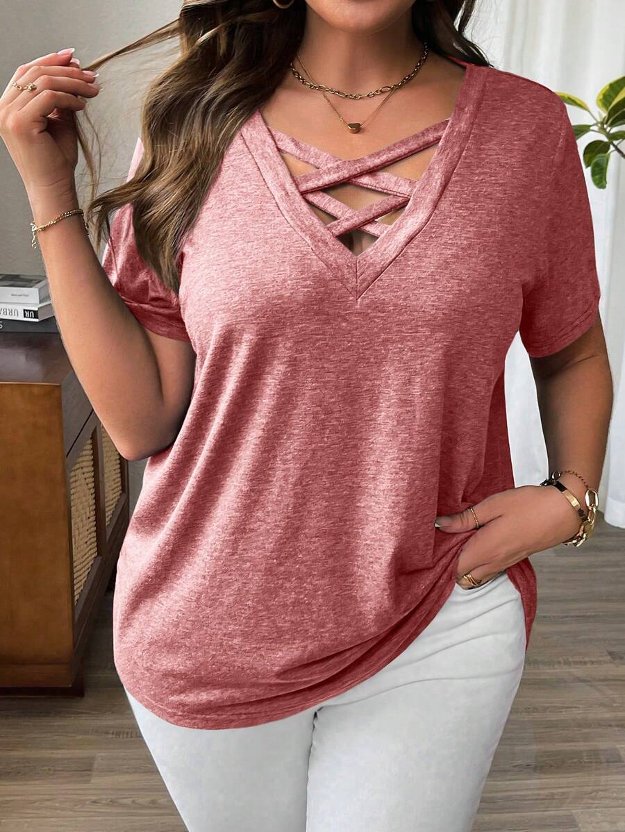 Calvaya Áo thun nữ tay ngắn cổ chữ V màu trơn cỡ lớn cho quần áo thường ngày năm mới - Đỏ - Xem 1