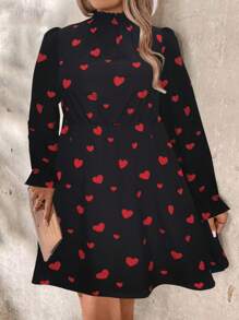 SHEIN Unity 大码女式立领荷叶边袖优雅长袖连衣裙“情人节之爱” - 黑色 - 查看 3