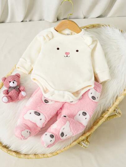 SHEIN 2 Stücke/Set Baby/Baby Mädchen rosa süßer Bär mit Füßen Hose & Langarm-Romper, Lässig bequemer Pyjama Set