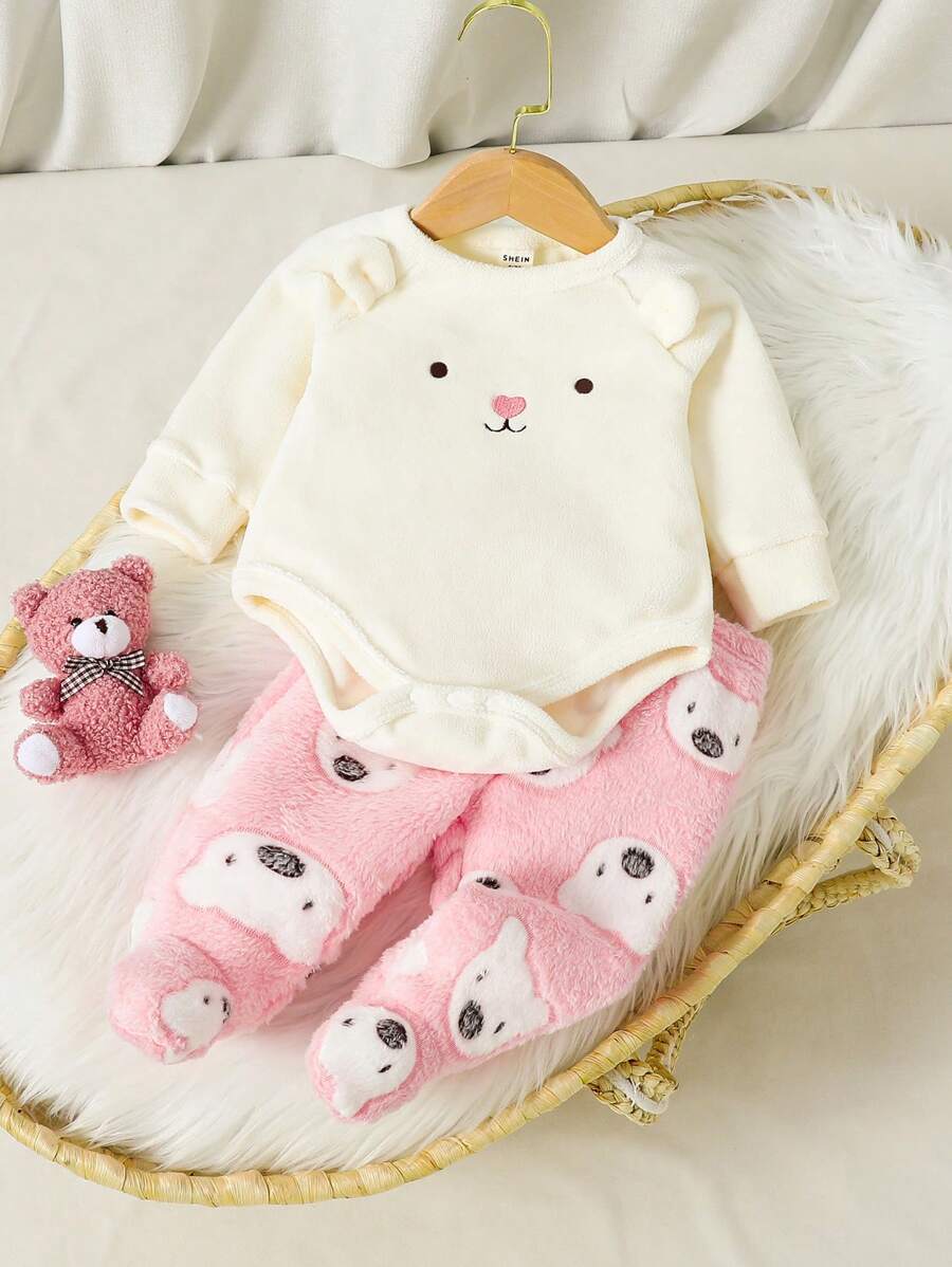 Bộ 2 món/Bộ quần dài gấu dễ thương màu hồng cho bé gái & bộ đồ ngủ dài tay, đồ ngủ thoải mái thường ngày - Hồng - Xem 1