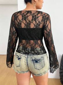 SHEIN EZwear 大码女式蕾丝透视长袖衬衫 - 黑色 - 查看 2