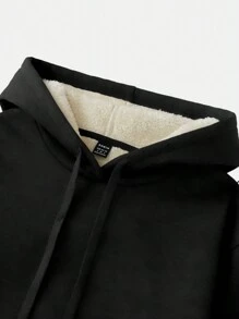 SHEIN EZwear Áo nỉ trùm đầu dày cổ cao màu đen rộng rãi thoải mái có dây rút cho nữ, thích hợp cho mùa thu/đông - màu đen - Xem 5