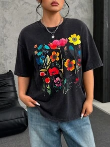 SHEIN EZwear Große Größen Vintage ausgewaschenes Graphic Muster Loose T-Shirt