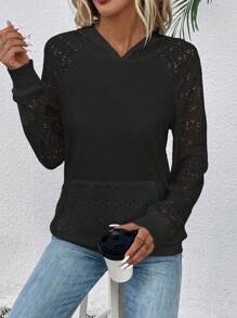 Calvaya Contrast Lace Raglan Sleeve Kangaroo Pocket Hoodie,Long Sleeve Tops