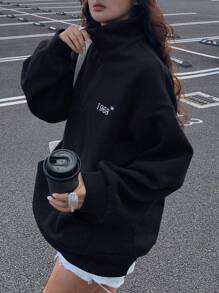 DAZY Contrast Color Block Fold-Over Collar Loose Fit Fleece Sweatshirt For Women - Black - View 7