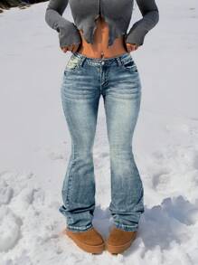 SHEIN PETITE 女式性感紧身低腰弹力蓝色牛仔裤 - 淺色水洗藍 - 查看 5