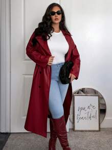 SHEIN Privé Plus Size Women Black PU Windbreaker Jacket, Simple And Fashionable For Autumn/Winter