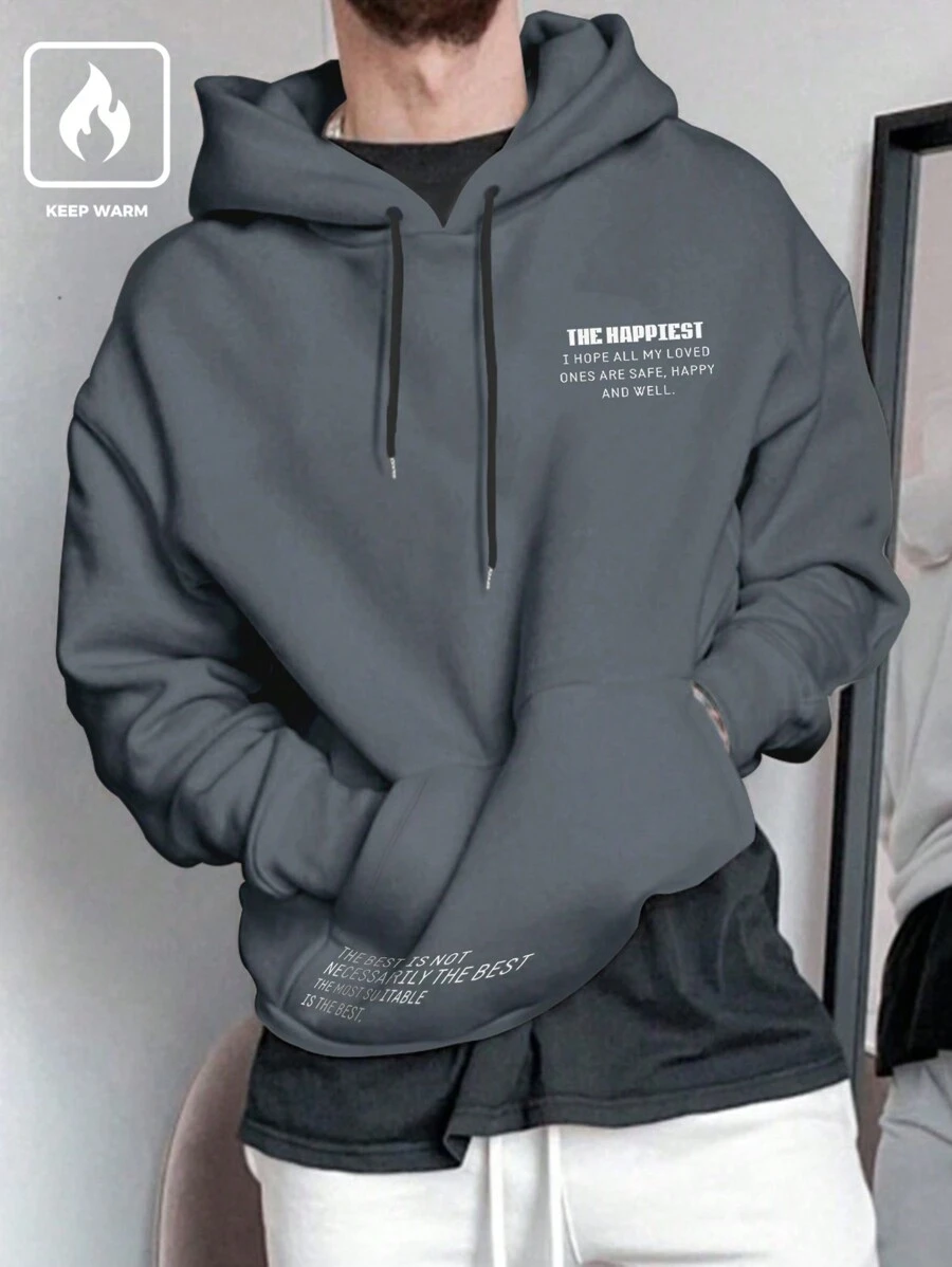 Manfinity Homme Men Slogan Graphic Kangaroo Pocket Drawstring Thermal Lined Hoodie - Dark Grey - View 1