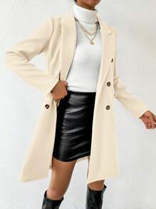 SHEIN PETITE Women's Solid Color Notched Collar Long Sleeve Double-Breasted Casual Overcoat, Autumn/Winter