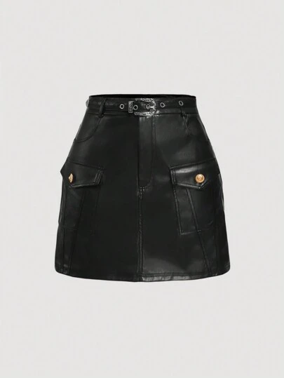 SHEIN MOD 女士铆钉黑色 PU 皮革迷你裙，含织物腰带，节日、新年夜、皮裙