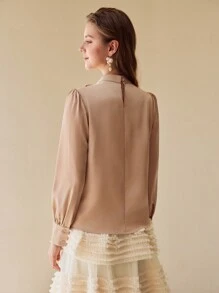 MOTF PREMIUM SATIN RUFFLE TRIM KEYHOLE NECKLINE BLOUSE - Brown - View 4
