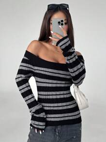 Flirla 女士休闲条纹露肩针织毛衣，秋冬针织套头衫 - 黑色 - 查看 3