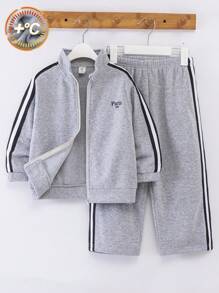 SHEIN 2 件套，年轻男孩休闲韩版学院风舒适实用柔软透气拉链连帽衫和裤子套装，适合日常穿着、上学、郊游、运动、秋冬季 - 灰色 - 查看 1