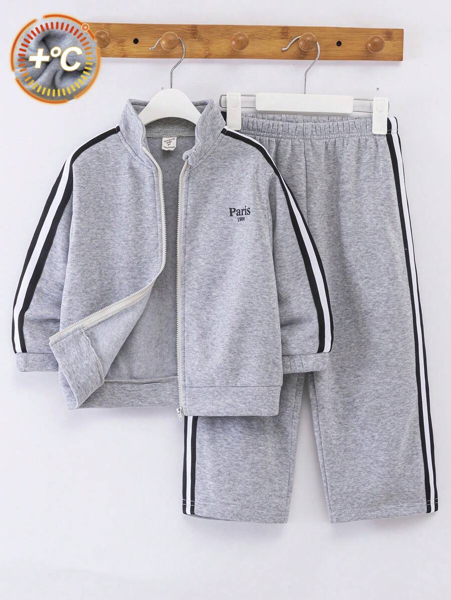 SHEIN 2 件套,年轻男孩休闲韩版学院风舒适实用柔软透气拉链连帽衫和裤子套装,适合日常穿着、上学、郊游、运动、秋冬季 - 灰色 - 查看 1