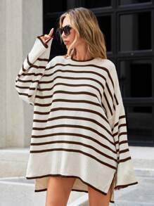 EURMUSE Striped Pattern Drop Shoulder Split Hem Sweater - Brown - View 1