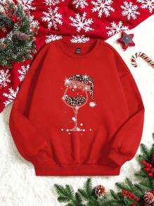 SHEIN EZwear Casual Minimalist Wine Glass Print Crew Neck Loose Fit Women Sweatshirt, Autumn/Winter - Red - View 7