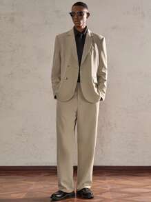 AKNOTIC Business Casual 2pcs/Set Men's Khaki Metal Button Slim Fit Woven Casual Fashion Suit Set, Suitable For Office, Daily Wear, And Parties - Khaki - View 4