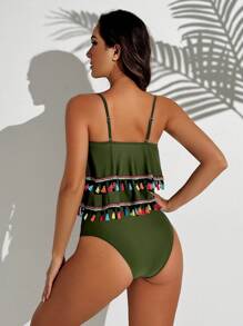 SHEIN Swim 全新性感双层荷叶边吊带比基尼套装 夏季 - 軍綠色 - 查看 6