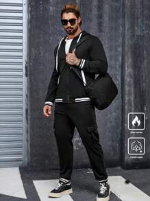 Manfinity Homme Bộ 2 quần dài tay có mũ trùm đầu và quần dài màu tương phản thường ngày dành cho nam, mùa thu - Đen và trắng - Xem 1