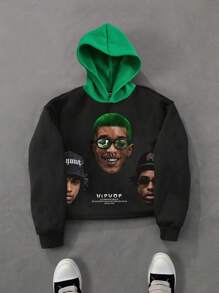 Manfinity EMRG Felpa oversize con cappuccio a blocchi di colore, con stampa frontale e posteriore di caratteri di hip-hop secondo la moda giovanile da strada. Felpa verde adatta per l atmosfera natalizia e l uso quotidiano, perfetta come regalo per amici, marito o fidanzato.