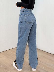EURMUSE Women's Pocketed Leopard Print Patchwork Straight Loose Casual Jeans - Medium Wash - View 2