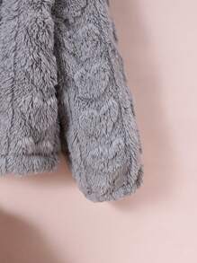 SHEIN Elladie kids 1 件年轻女孩休闲粉色柔软羊毛夹克，心形图案拉链前开衫带帽，秋冬 - 灰色 - 查看 5