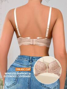 1pc Women's Lace Front Hook Closure Wire Lingerie Bra - Apricot - View 2