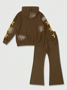 ROMWE MEN Prep 2pcs Men Letter & Star Print Drawstring Hoodie & Sweatpants Tracksuit - Coffee Brown - View 4